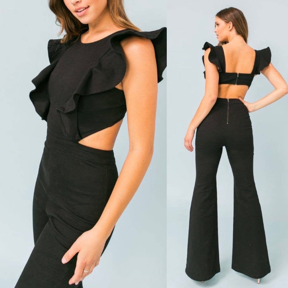 Ruffle Stretch Denim Jumpsuit NWT - Picture 2 of 4